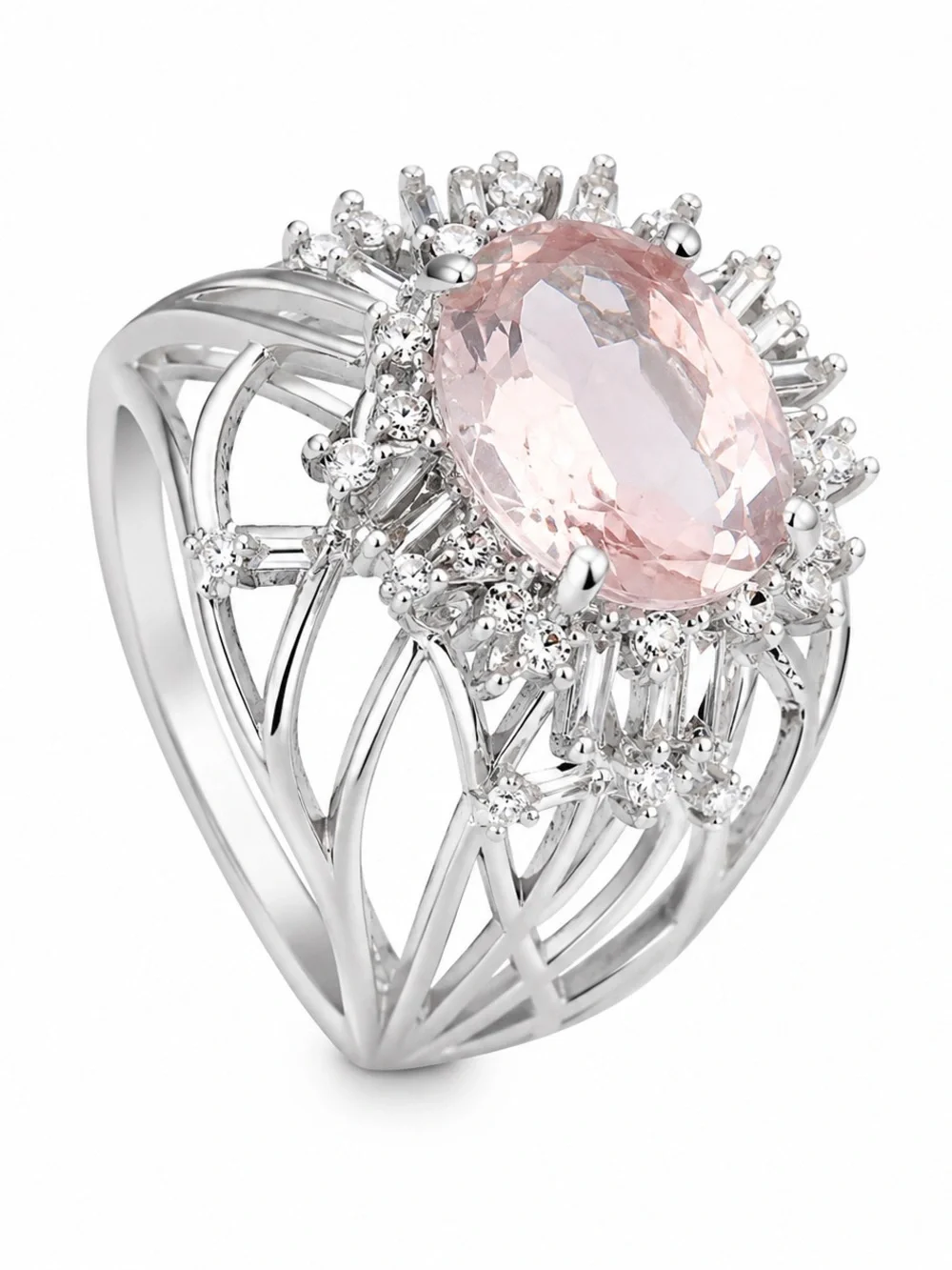 Vintage Style Pink Stone Cocktail Ring White Gold Filled Halo Cluster Statement